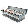 Commercial Display Freezer With Open Glass Door And Fresh Fish Salmon Fillets