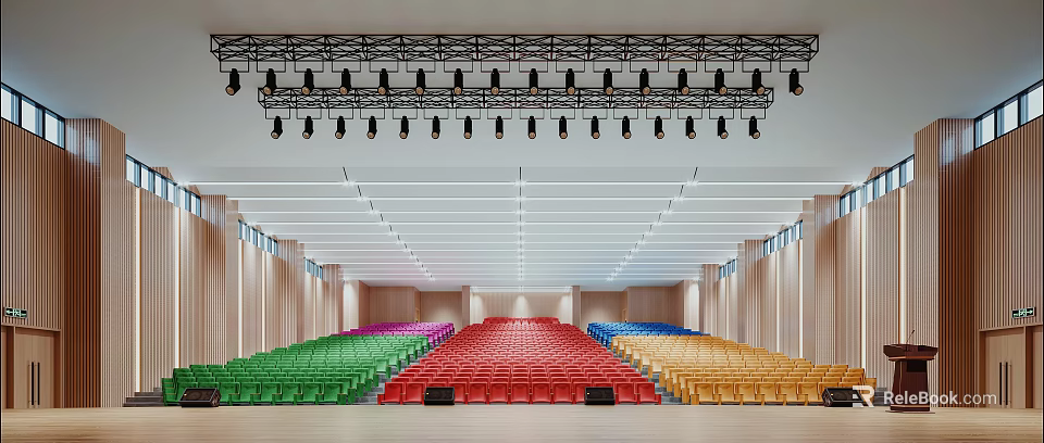 Modern Conference Room Interior With Colorful Seats And Stage Lighting 3d model 