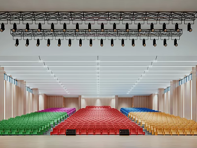 Modern Conference Room Interior With Colorful Seats And Stage Lighting 3d model