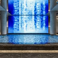 Elegant SPA Sauna Interior With Blue Water Curtain Wall Indoor Pool And Marble Steps