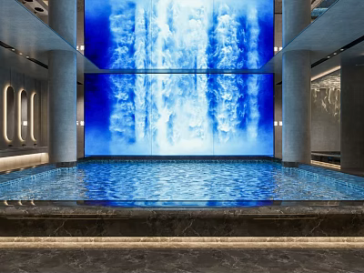 Elegant SPA Sauna Interior With Blue Water Curtain Wall Indoor Pool And Marble Steps 3d model