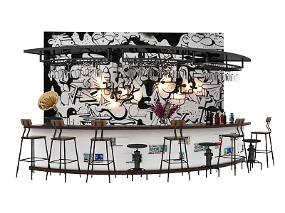 Graffiti Themed Bar Interior With Hanging Wine Glasses Bar Stools And Lighting 3d model