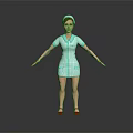 Woman Nurse 3D Model Standing in Blue Uniform with Red Shoes on Gray Background