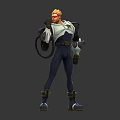 3D Sci Fi Character With Blonde Hair Blue White Costume Mechanical Equipment Front Back View