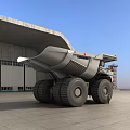 Large Mining Functional Vehicle With Huge Tires Open Bed And Industrial Building Background