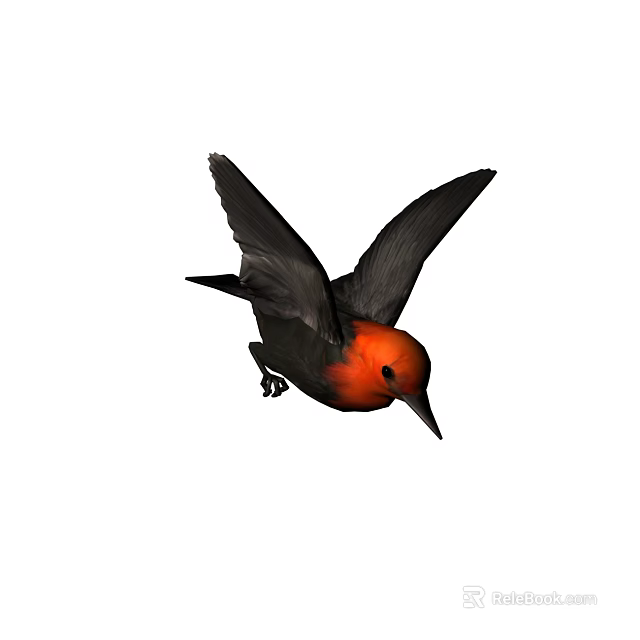 Distinctive Flying Bird With Red Head Black Body And Spread Wings In Flight 3d model 