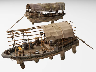 Traditional Wooden Boat With Canvas Canopy Wooden Frame And Utensils 3d model