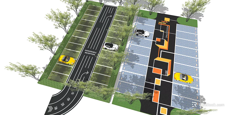 Modern Parking Lot Design With Solar Panels Drive Lanes And Green Trees 3d model 