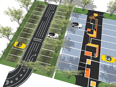 Modern Parking Lot Design With Solar Panels Drive Lanes And Green Trees 3d model