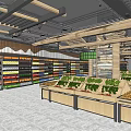 Supermarket Grocery Store With Fresh Fruits Vegetables Shelves And Wooden Ceiling