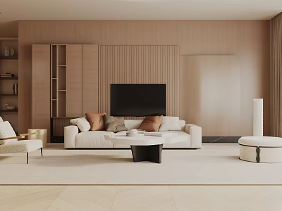 Modern Living Room Interior With White Sofa Wooden Wall TV And Coffee Table Rug 3d model