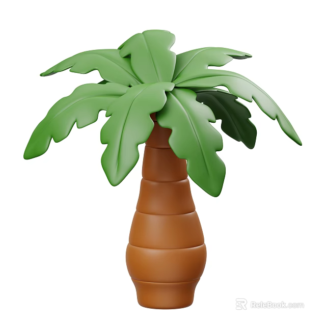 Cartoon Style Palm Tree with Green Leaves and Brown Vase Shaped Trunk 3d model 