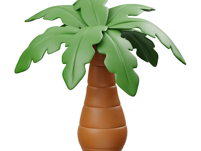 Cartoon Style Palm Tree with Green Leaves and Brown Vase Shaped Trunk 3d model