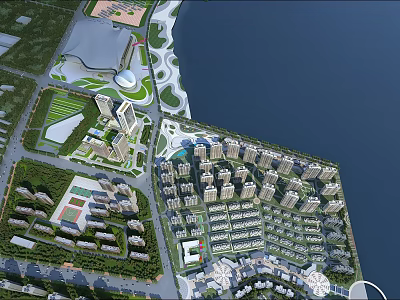 Aerial View Urban Planning With Waterfront Residential Buildings And Green Spaces 3d model