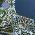 Aerial View Urban Planning With Waterfront Residential Buildings And Green Spaces