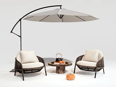 Stylish Wicker Outdoor Chairs with White Cushions and Cantilever Umbrella for Garden Patio 3d model