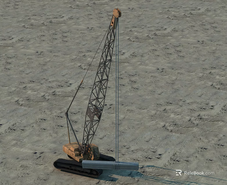 Tracked Crane Functional Vehicle With Extended Boom Performing Lifting Operation At Sandy Site 3d model 