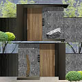 Modern Building Exterior Wall With Stone Wood Elements Layered Structure And Green Plants