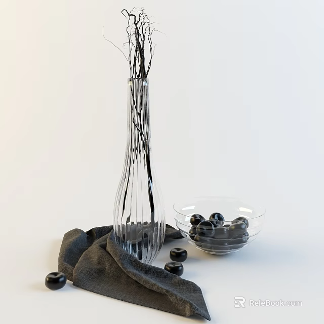 Decorative Ornament Set With Transparent Vase Black Branches Glass Bowl Black Spheres On Dark Cloth 3d model 