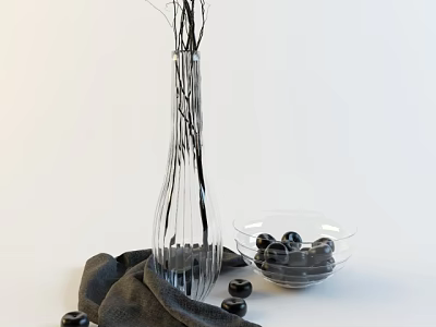 Decorative Ornament Set With Transparent Vase Black Branches Glass Bowl Black Spheres On Dark Cloth 3d model
