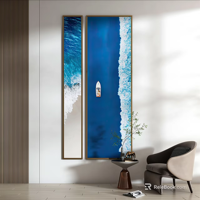 Ocean Themed Wall Art With Small Boat In Modern Interior Decor 3d model 