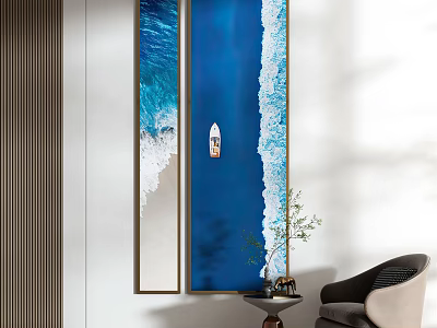 Ocean Themed Wall Art With Small Boat In Modern Interior Decor 3d model