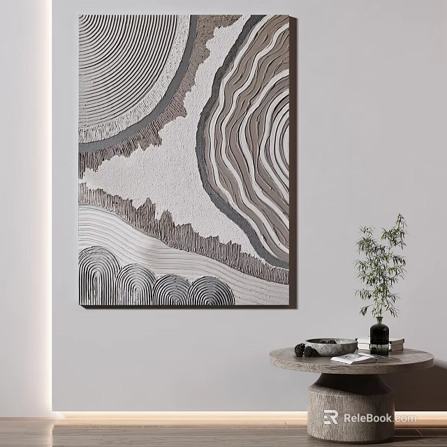 Abstract Wave Pattern Wall Art In Modern Interior With Circular Table And Green Plant 3d model