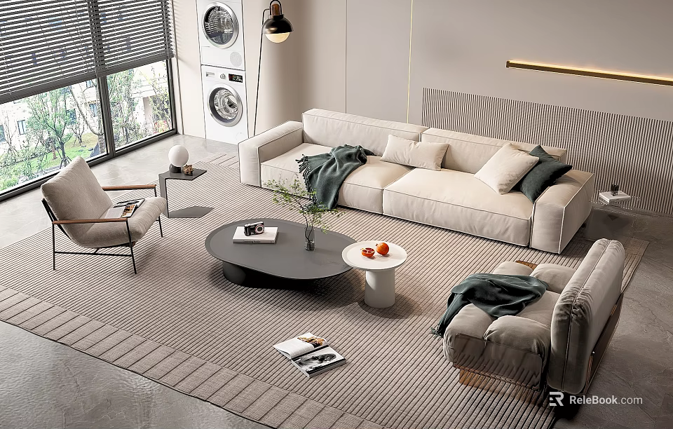 Modern Living Room Interior With Beige Sofa Coffee Table Set Throw Pillows And Soft Rug 3d model 