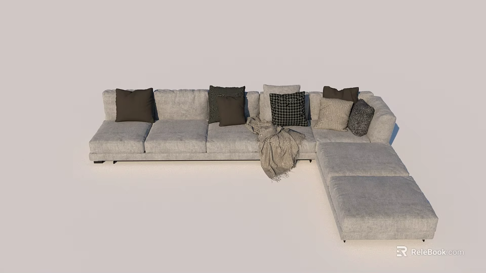Gray Large Sectional Sofa With Multiple Cushions Throw Blanket And Ottoman 3d model