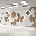 Wooden Hexagonal Pattern Background Wall Design with White Surface and 2F Sign 3d model