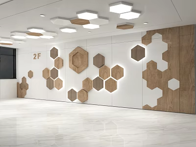 Wooden Hexagonal Pattern Background Wall Design with White Surface and 2F Sign 3d model
