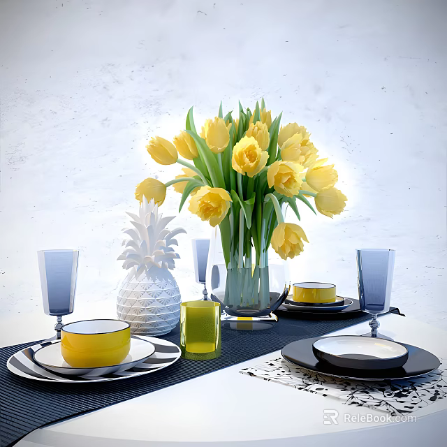 Elegant Tableware Set with Yellow Tulips Pineapple Decor and Glass Cups on White Table 3d model
