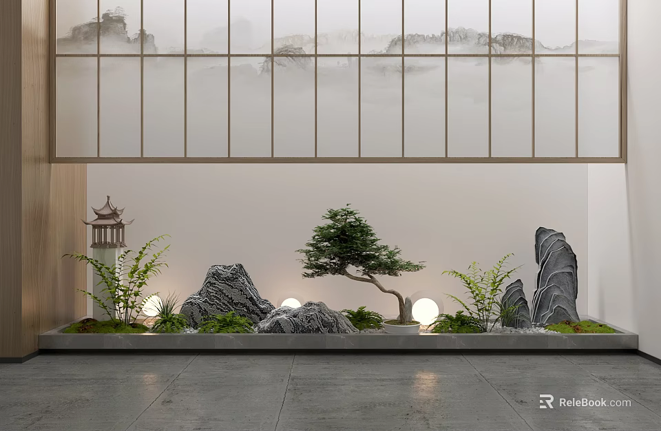 Traditional Indoor Landscape With Rock Formations Bonsai Tree And Illuminated Lanterns 3d model 