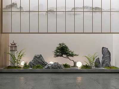 Traditional Indoor Landscape With Rock Formations Bonsai Tree And Illuminated Lanterns 3d model