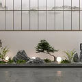 Traditional Indoor Landscape With Rock Formations Bonsai Tree And Illuminated Lanterns