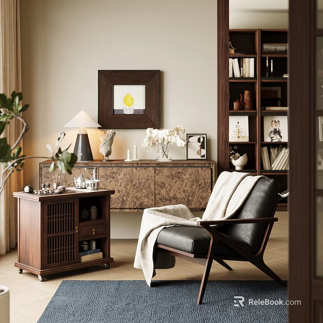 Cozy Study Room With Leather Chair Wooden Bookshelf Table Lamp Green Plant And Decorative Painting 3d model 