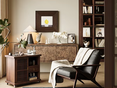 Cozy Study Room With Leather Chair Wooden Bookshelf Table Lamp Green Plant And Decorative Painting 3d model