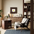 Cozy Study Room With Leather Chair Wooden Bookshelf Table Lamp Green Plant And Decorative Painting