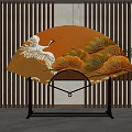 Elegant Fan Shaped Yellow Screen With Crane And Landscape Design On Wooden Stand