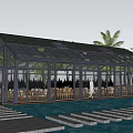Modern Sunroom With Large Glass Walls and Skylights Overlooking Waterfront Featuring Tables and Chairs
