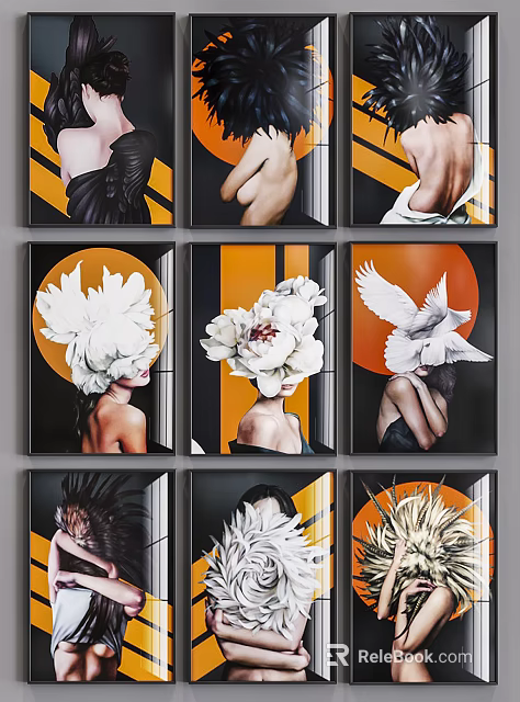 Art Prints Featuring Female Figures With White Floral Headpieces And Orange Black Backgrounds 3d model 