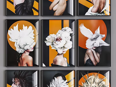 Art Prints Featuring Female Figures With White Floral Headpieces And Orange Black Backgrounds 3d model