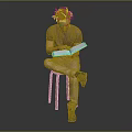 Man Sitting On Wooden Stool Reading Book In Purple T-Shirt And Khaki Pants