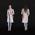 Woman In Beige Coat Blue Jeans Brown Boots With Bag And Cup Different Angles