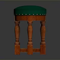 Traditional Wooden Stool With Green Round Padded Seat And Carved Legs