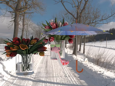 Reptile Lizard in Snowy Landscape with Trees Vase Flowers Umbrella and Pink Slippers 3d model