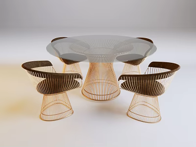 Dining Table Set With Round Transparent Glass Top And Woven Rattan Chairs In Brown Beige 3d model