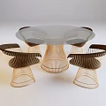 Dining Table Set With Round Transparent Glass Top And Woven Rattan Chairs In Brown Beige