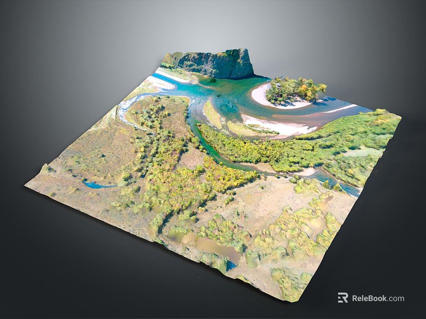 Scenic Natural Landscape With Lush Green Vegetation And Meandering River Terrain 3d model 