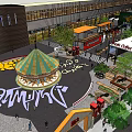 Modern Commercial Street with Glass Buildings Green Trees Red Telephone Booth Pedestrians and Decorative Installations